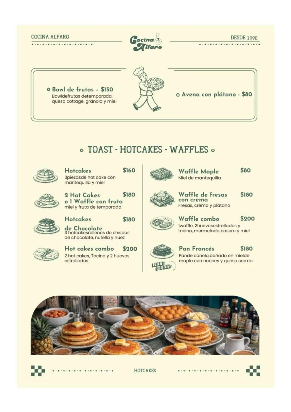 Carta de platillos de Cocina Alfaro — desayunos, antojitos y especialidades — Cocina Alfaro