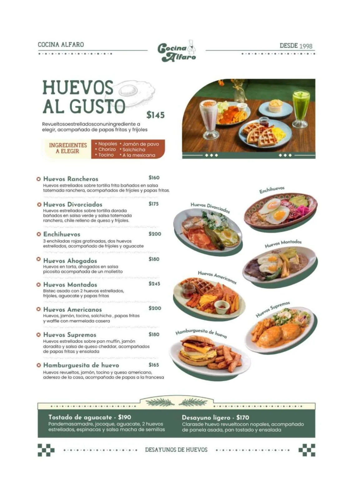 Menú de Cocina Alfaro — hotcakes, waffles y desayunos — Cocina Alfaro