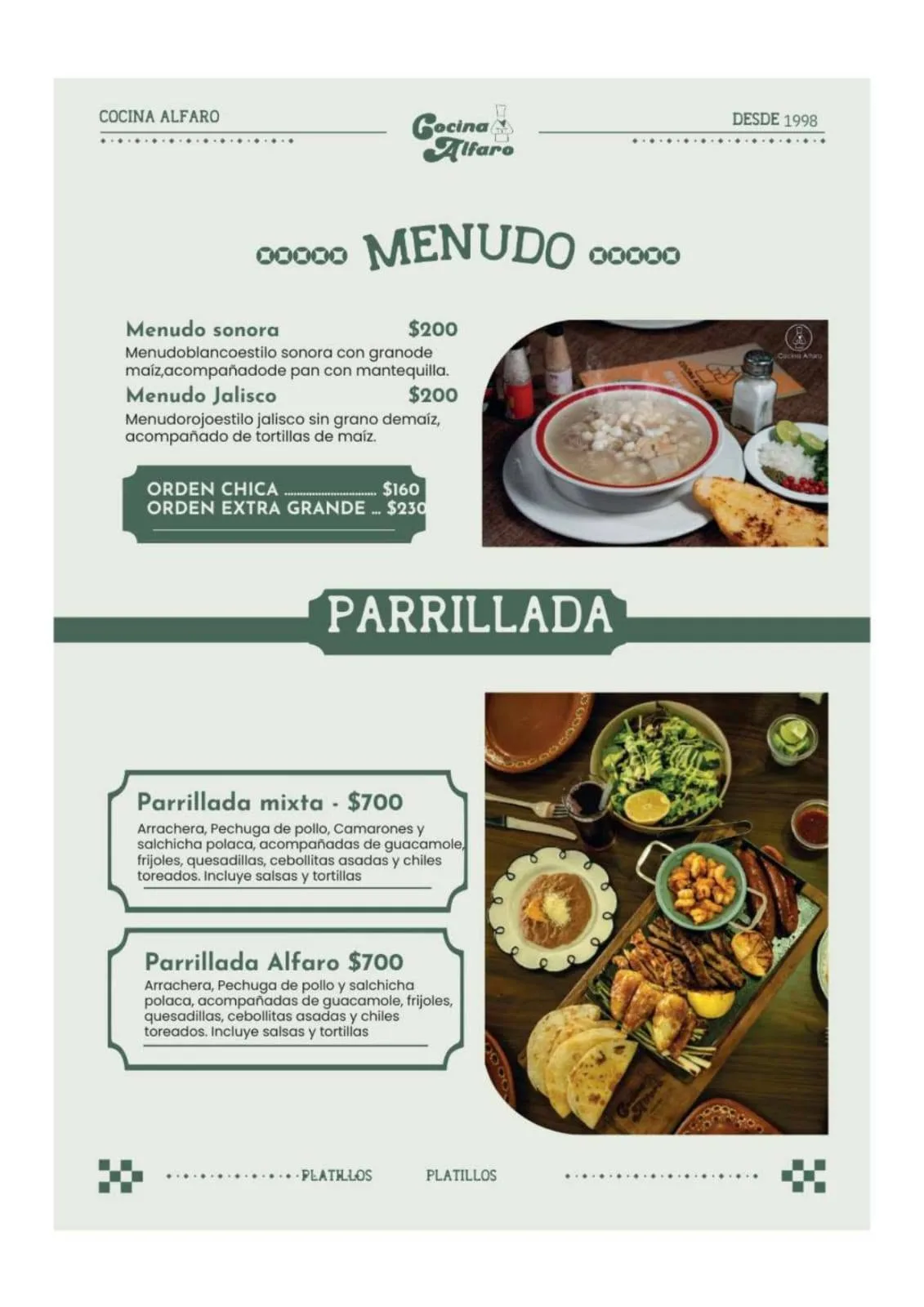 Menú de Cocina Alfaro — restaurante de comida mexicana en San Luis Río Colorado — Cocina Alfaro