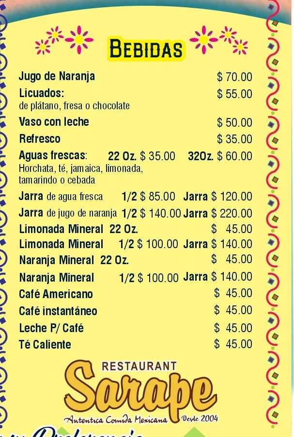menu el sarape bebidas — Restaurant SARAPE