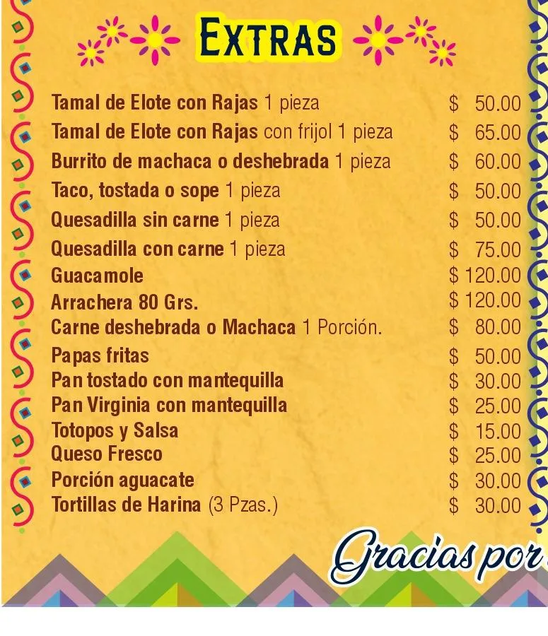 Menu de extras el sarape — Restaurant SARAPE